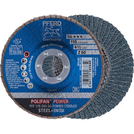 Pferd 62178 4-1/2in x 7/8in POLIFAN Flap Disc - Flat SG Zirconia 60G 62178-PFERD